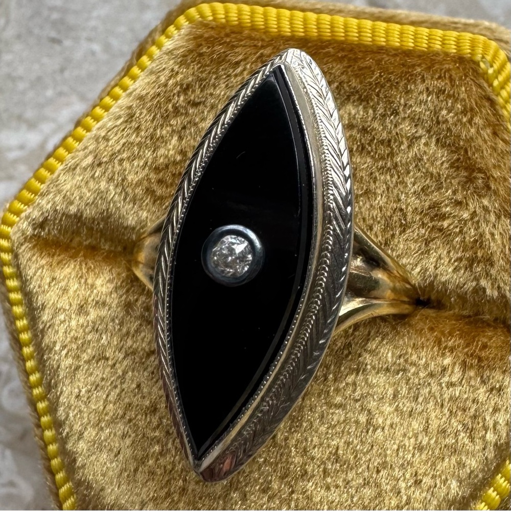Marquise Onyx Old Euro Cut Diamond White Yellow Gold Ring